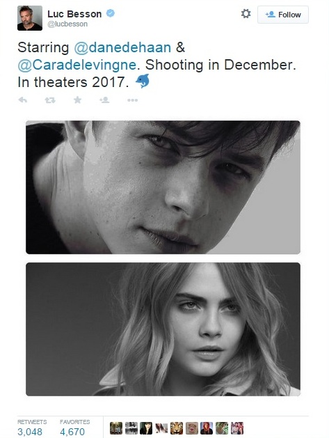 Luc Besson haberi ve başrol oyuncularının isimlerini yeni açtığı Twitter hesabından paylaştı.